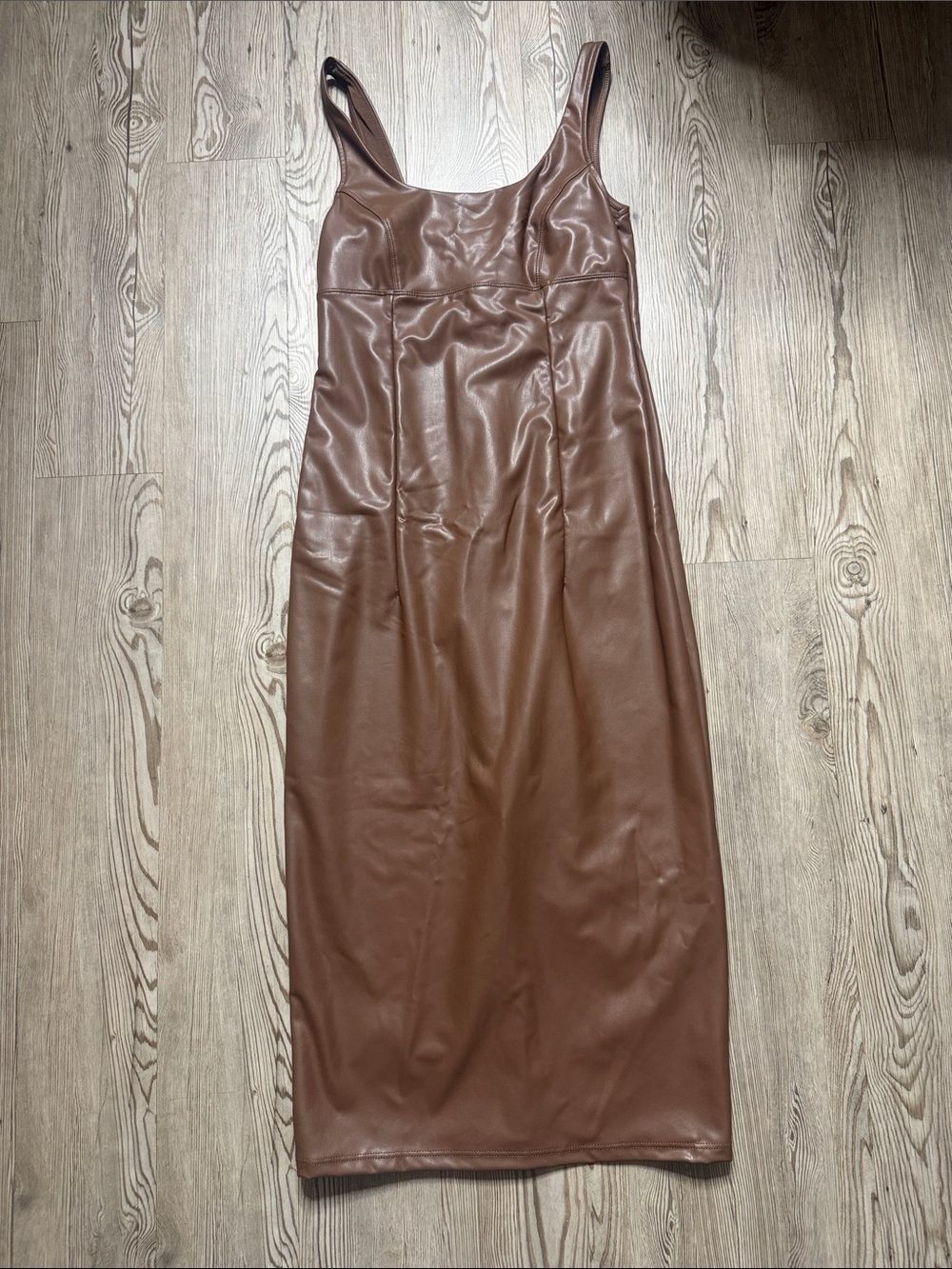 Faux Leather Midi Skirt Dress in Chocolate Brown